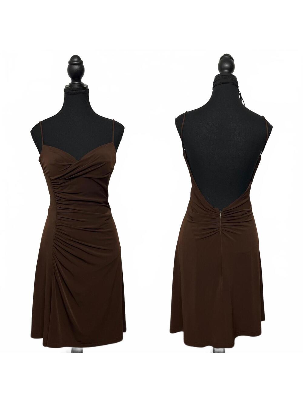 Vintage 90s "Enchante" Canada Made Coffee Brown Ruched Mini Dress Open Back Sz 6